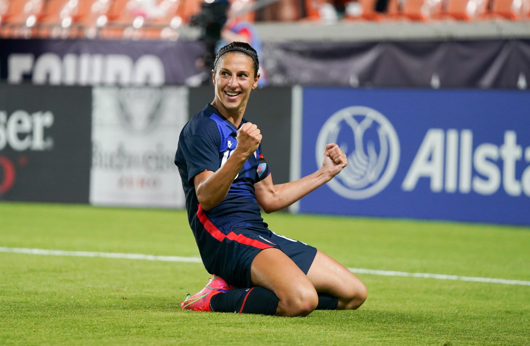 HOUSTON, TX - JUNE 13: Carli Lloyd #10 of the United States celebrates after scoring a goal against Jamaica during a 2021 WNT Summer Series game at BBVA Stadium on June 13, 2021 in Houston, Texas. (Photo by Brad Smith/ISI Photos/Getty Images)