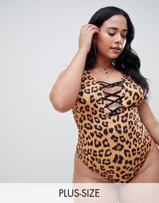 Wolf & Whistle Curve Lace-Up Swimsuit in Leopard Print