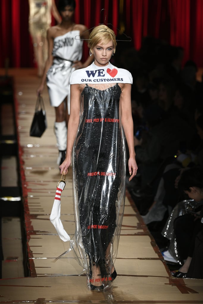 Stella Maxwell also walked in Moschino at Milan Fashion Week.