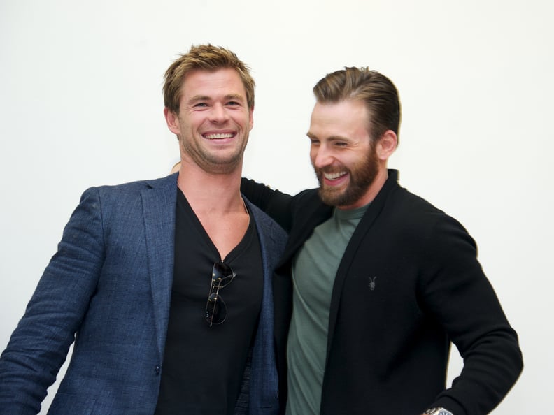 BURBANK, CA - APRIL 11:  Chris Hemsworth and Chris Evans at the "Avengers: Age of Ultron" Press Conference at Walt Disney Studios on April 11, 2015 in Burbank, California. 
