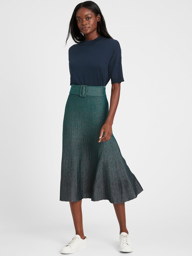 Metallic Ombré Pleated Sweater Skirt