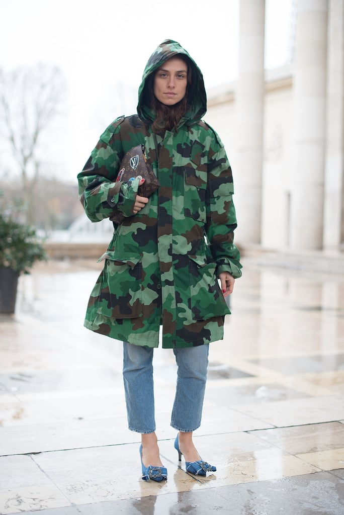 Wear a Tough Camo Print Jacket With Ladylike Shoes