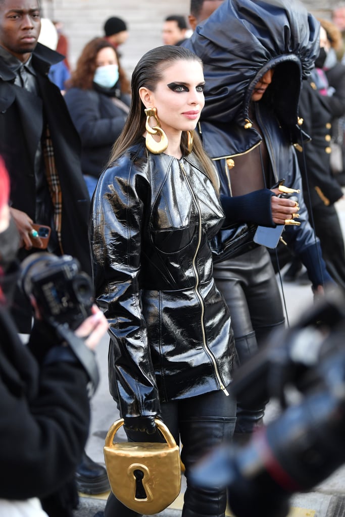 Julia Fox Wears a Black Leather Schiaparelli Minidress and Thigh-High Boots
