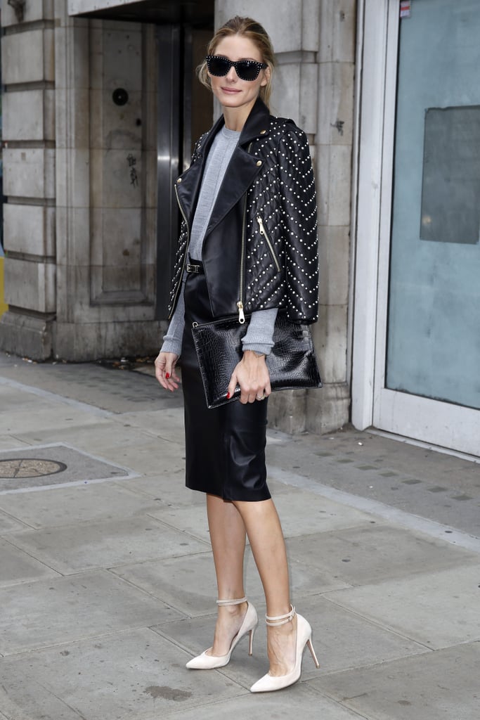 Olivia's feminine pumps and studded moto jacket offered the perfect play between downtown and uptown style.