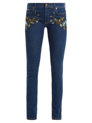 Gucci Floral-Embroidered Mid-Rise Skinny-Leg Jeans