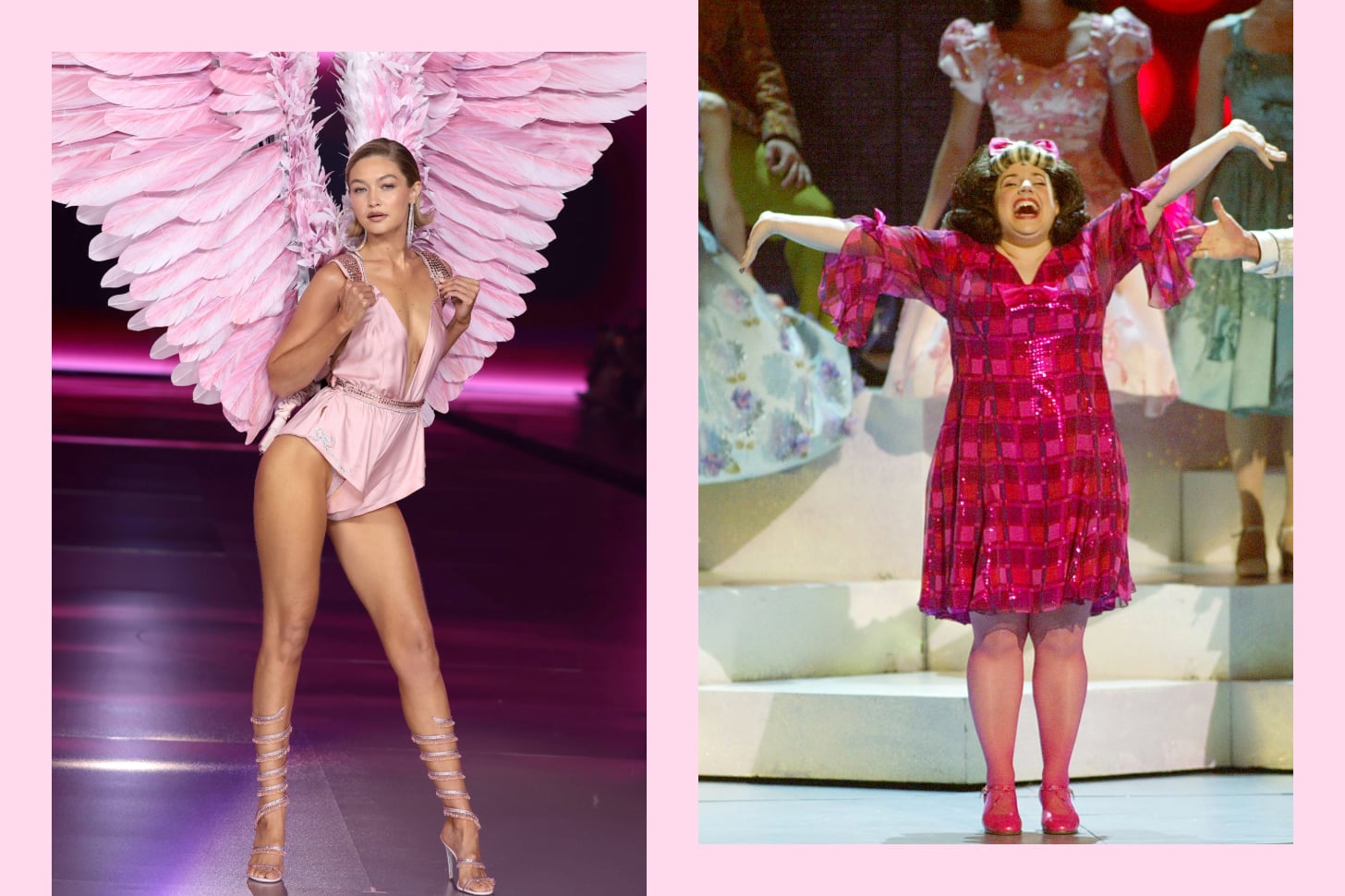 a side by side photo shows gigi hadid in a victoria's secret angel outfit and the rightside shows a still from a production of hairspray.