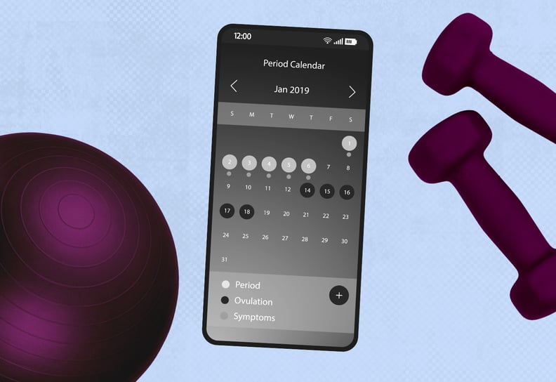 Collage of period calendar on a phone, purple weights, and purple exercise ball.
