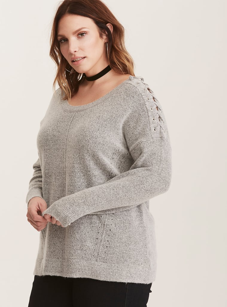 Torrid Grey Brushed Knit Lace Up Sleeve Sweater