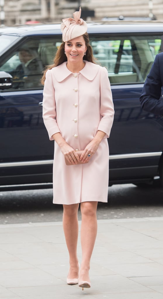 Kate wore a pearl-adorned Alexander McQueen coat while attending the Observance for Commonwealth Day Service in March 2015. It was a look she recycled from her first pregnancy, though this time around she complemented the outfit with a satin box clutch, powder-pink pumps, and a Jane Taylor headpiece.