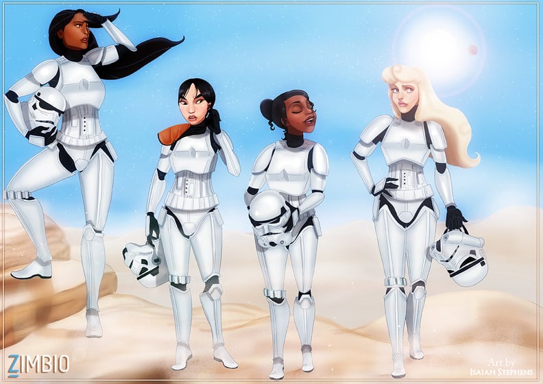 Pocahontas, Mulan, Tiana, and Aurora as Stormtroopers
