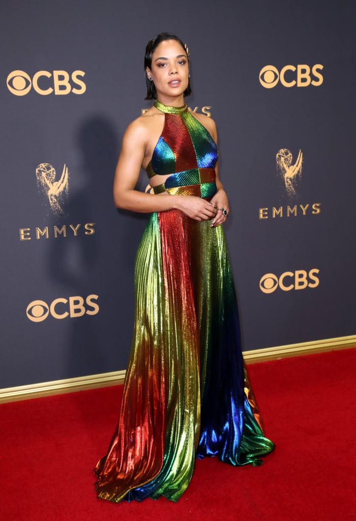 Tessa Thompson Wearing a Rainbow Gown in 2017