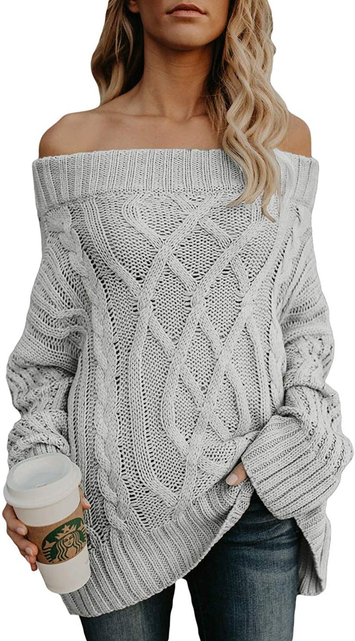 Astylish Knitted Off-the-Shoulder Oversized Sweater in Gray