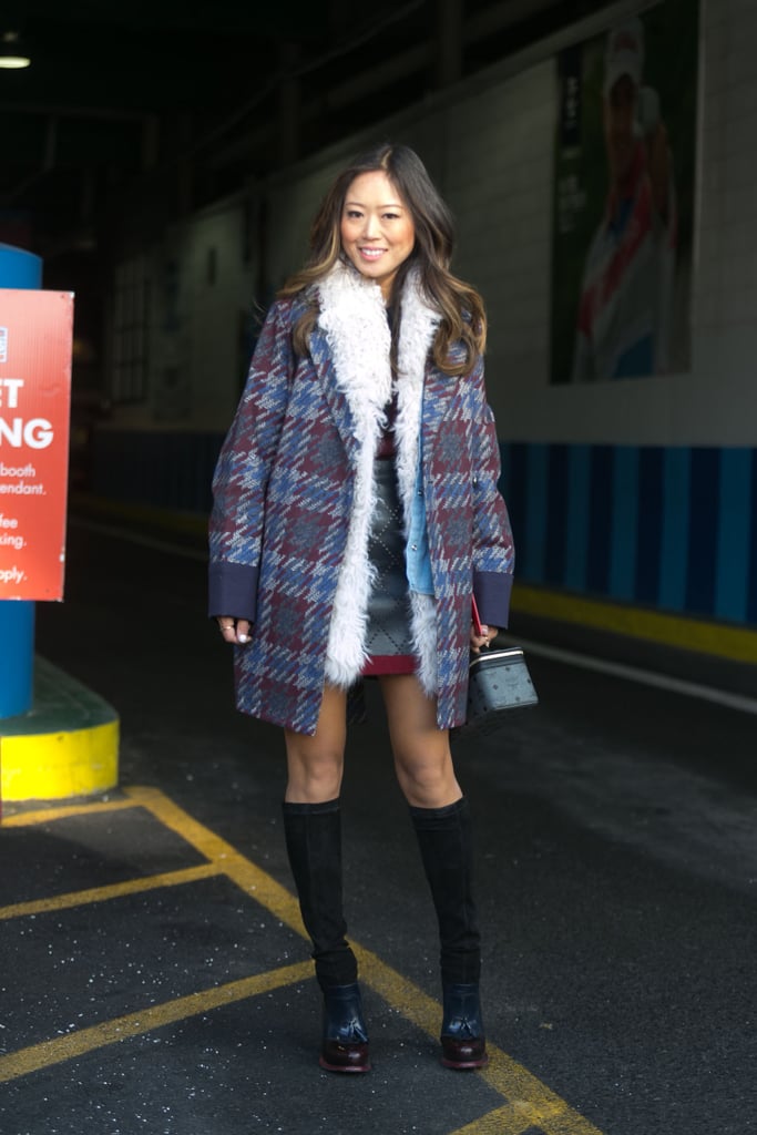 Aimee Song layered up shearling and houndstooth. 
Source: Melodie Jeng/The NYC Streets