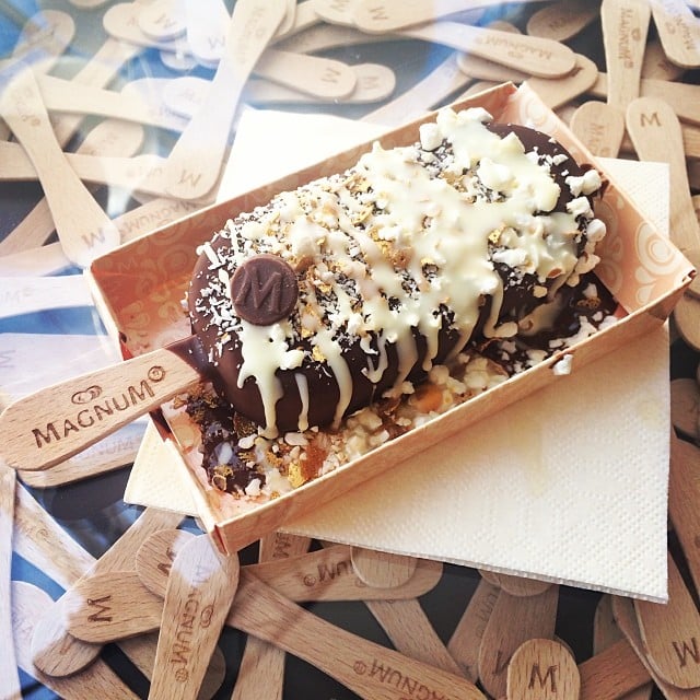 We are only slightly ashamed to admit that we ate this Magnum bar coated in Belgian chocolate, popcorn, gold flake, and coconut for breakfast one day before shooting an episode of POPSUGAR Now at the ice cream giant's beachside location.