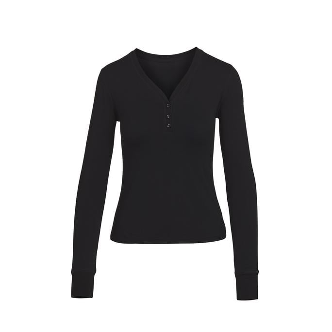Skims Sleep Henley Long Sleeve in Onyx | Kim Kardashian ...