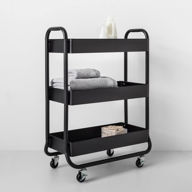 Wide Metal Cart With Wheels in Black