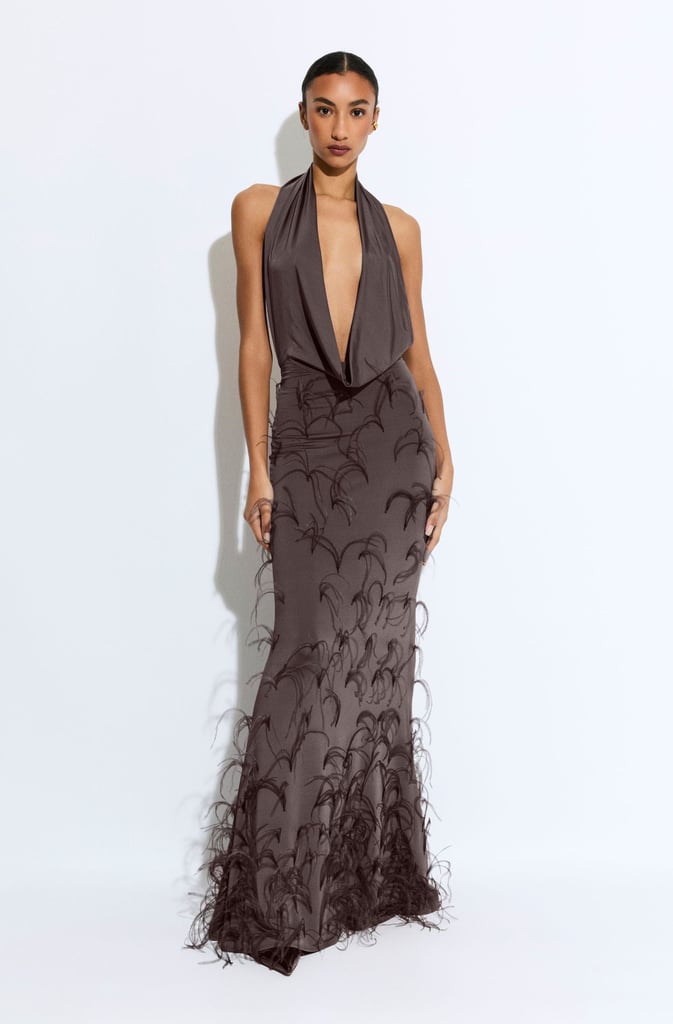 Lapointe Lightweight Jersey Deep Cowl Neck Gown With Feathers