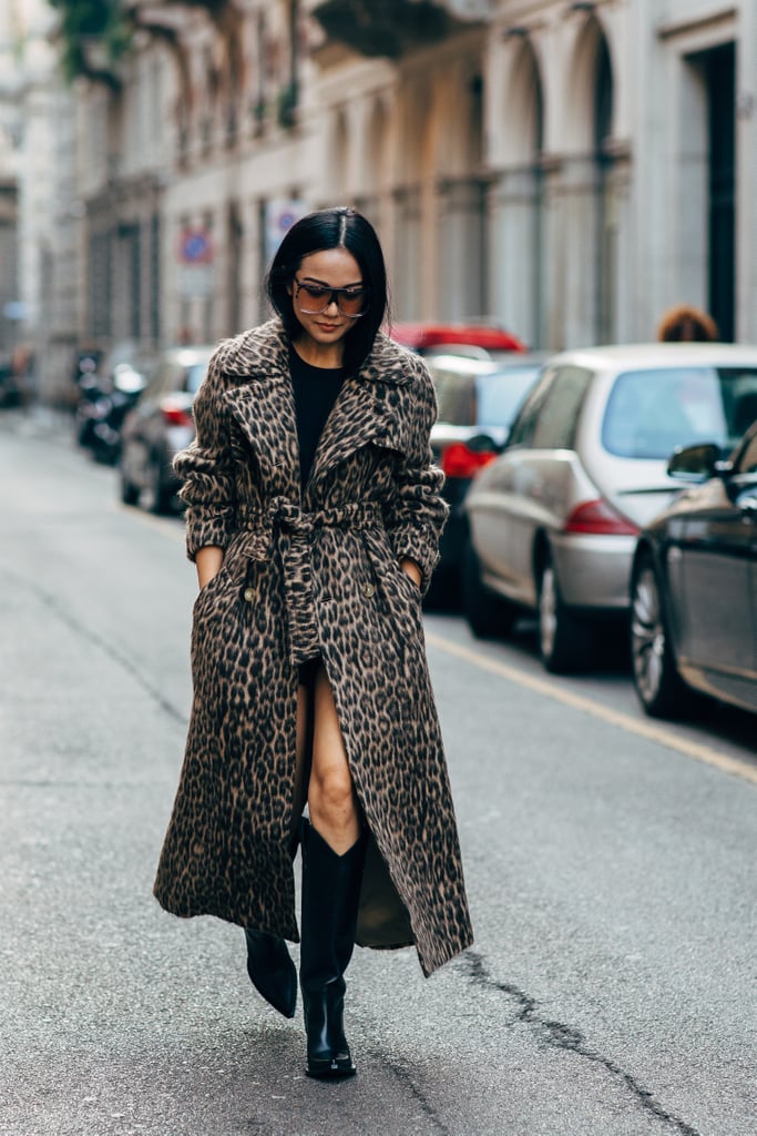 Work your wool leopard coat as a dress with cowboy boots.