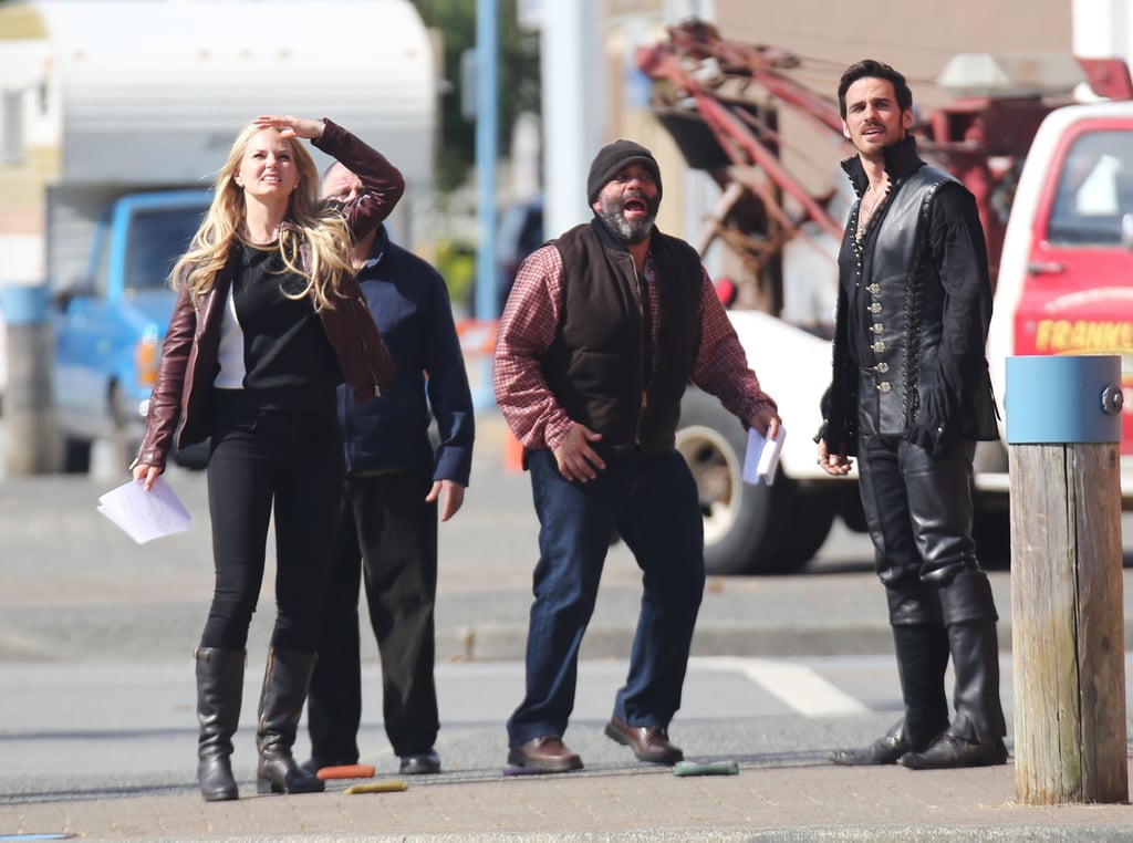 Emma (Jennifer Morrison) and Hook (Colin O'Donoghue) looked worried with Grumpy (Lee Arenberg) on Thursday.