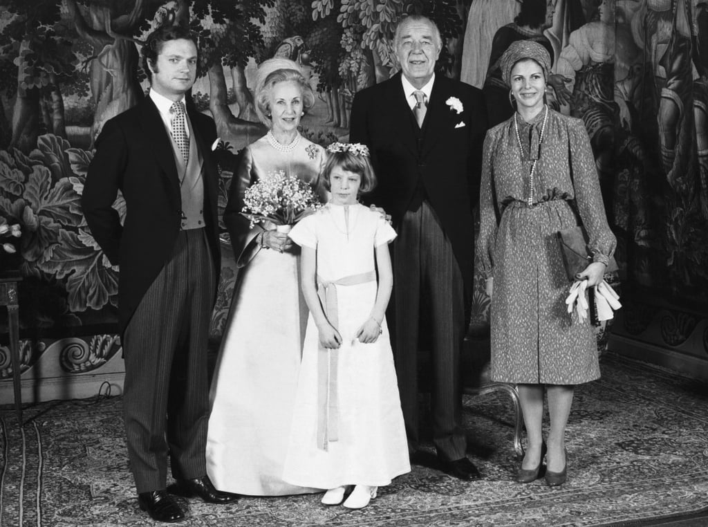 Lilian added a feather-strewn hat to this shantung silk coat dress with bell sleeves when she married Prince Bertil of Sweden, then heir to the throne, on Dec. 7, 1976. The couple had waited over 30 years to say "I do," but the bride's pick has stood the test of time. It recently starred in an exhibition of Swedish royal wedding dresses.