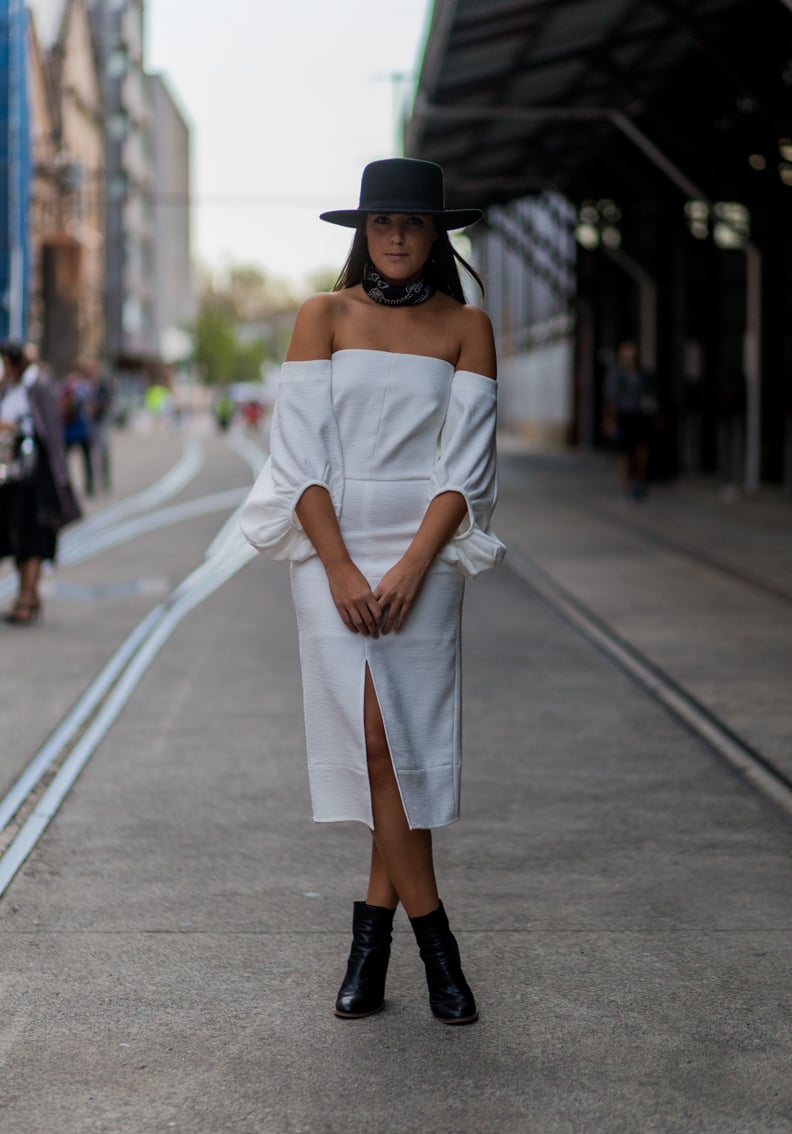 Get Western in Your Off-the-Shoulder Dress by Adding a Wide-Brim Hat and Bandana