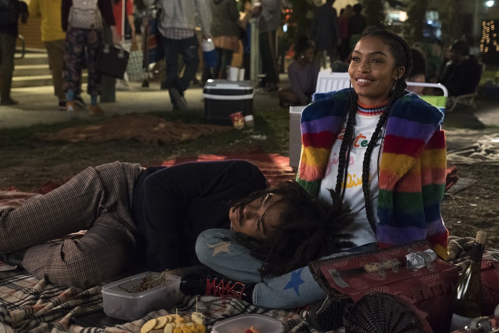 Above: Luca wears a Comme des Garçons sweater and Zoey wears an Alice + Olivia rainbow coat and Stella McCartney jeans in "Grown-ish" season two.