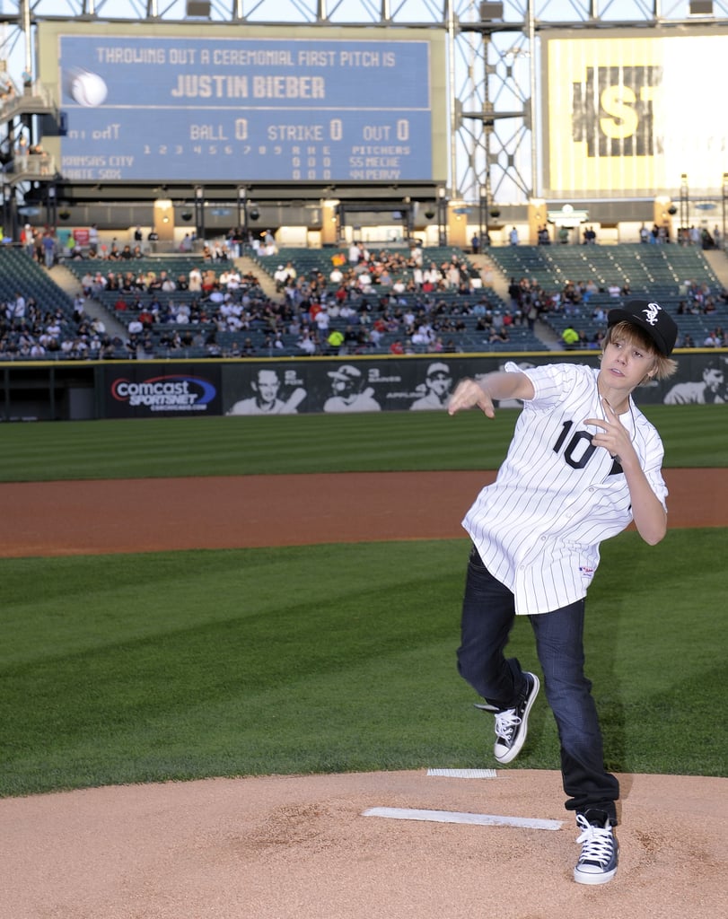 In May 2010, Justin Bieber gave the first pitch his all at a Chicago White Sox game.