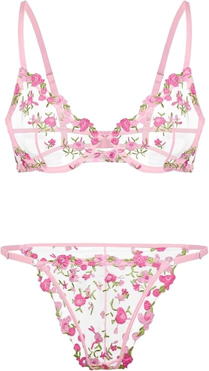 Lilosy Sexy Floral Embroidered Mesh Sheer Underwire Lingerie Set ($15, originally $18)
This set is the ultimate mix of romantic and sexy. With floral embroidery and supportive underwire, these co-ords are perfect for turning up the heat on date night or adding a playful touch to your lingerie drawer.