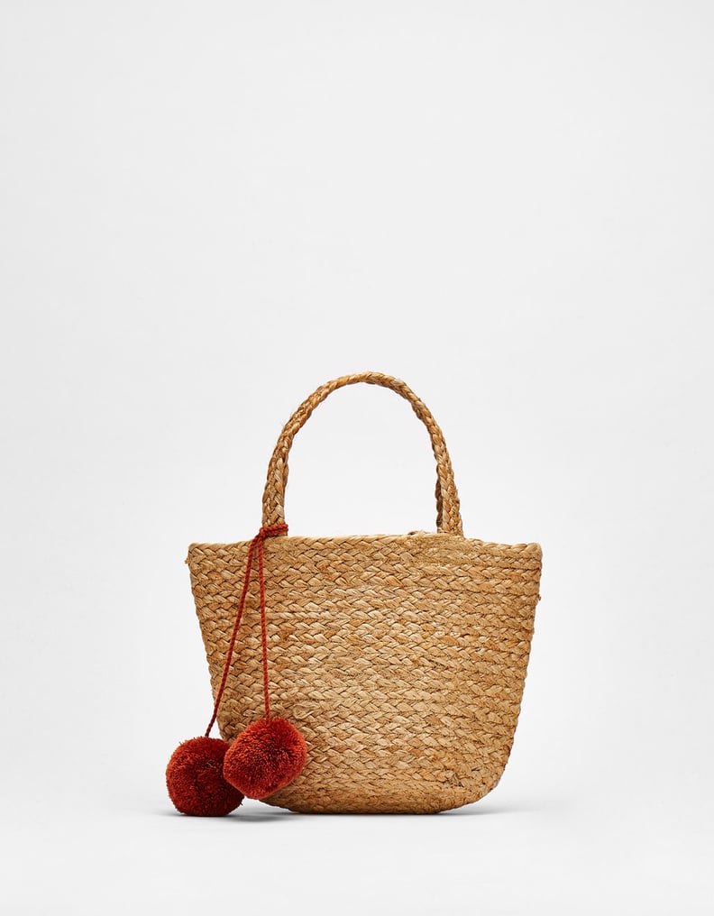 Raffia Basket Bag With Pompoms