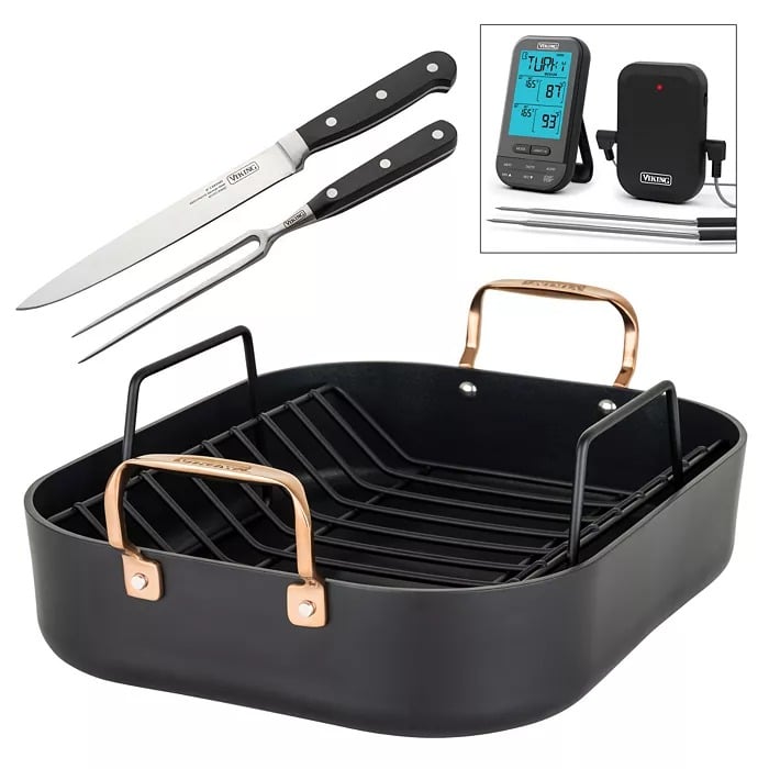 Viking Roaster Set with Rack, 2-Piece Carving Set & Wireless Thermometer ($220)
With a 16-inch roasting pan, a two-piece carving set, and a probe thermometer, this Viking set has everything a cook needs for a proper roast. Wrap it up a little before the holiday so they can take advantage of their new gift throughout the season.