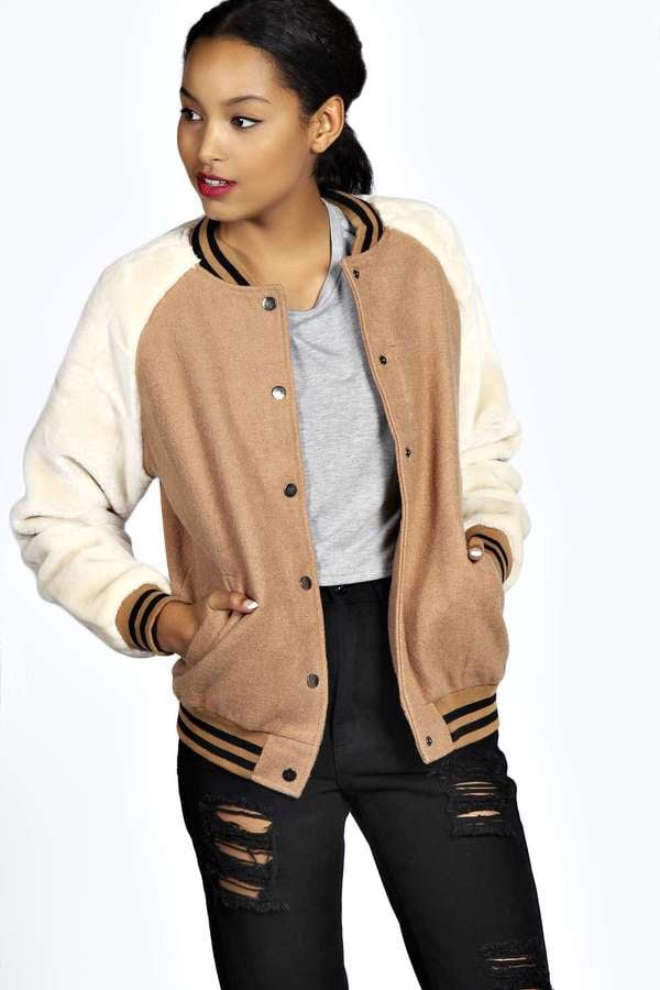 Boohoo Faux Fur Sleeve Bomber Jacket