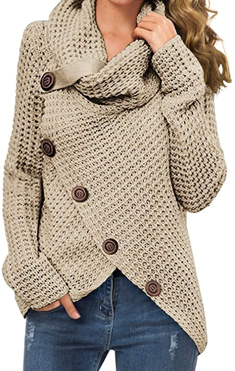 Grecerelle Casual Turtle Cowl Neck Asymmetric Hem Chunky Sweater