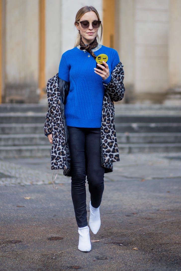 Keep it bold by pairing your skinny jeans with a bright blue sweater ...