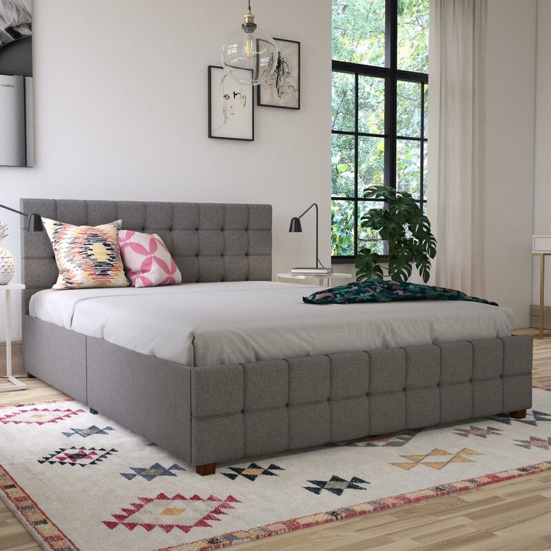 CosmoLiving by Cosmopolitan Elizabeth Tufted Upholstered Storage Platform Bed</h2>                        <div>            <div>                <p>                                                                                                                                                                                                        <img alt=