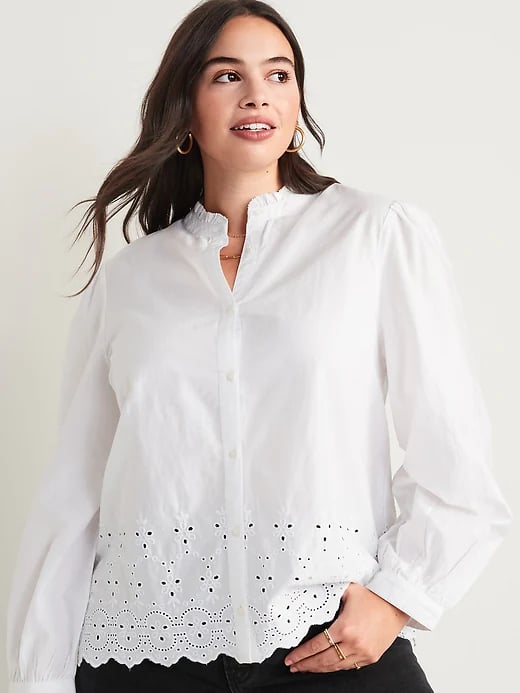 Old Navy Collarless Embroidered Scalloped Shirt