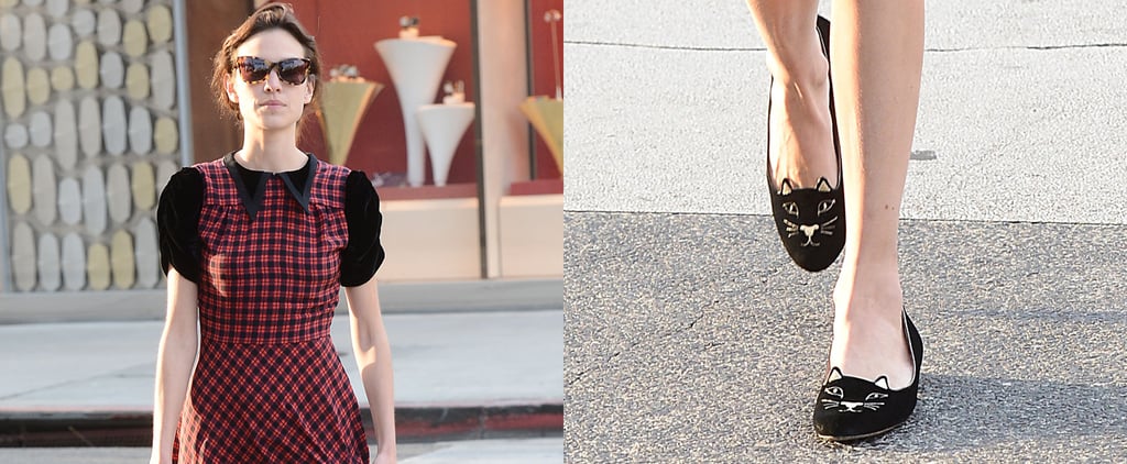 Alexa Chung's Red Plaid Dress and Charlotte Olympia Flats