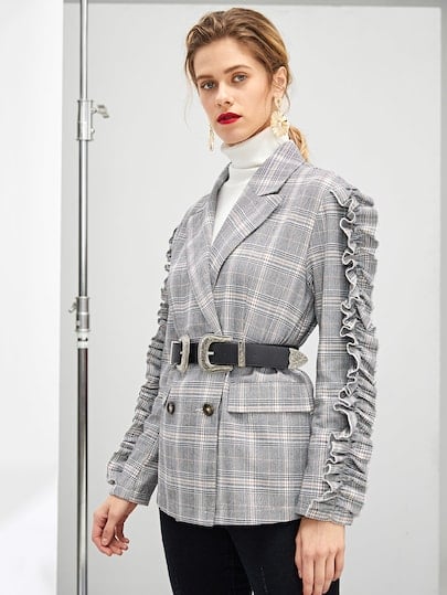 Shein Ruffle Trim Double Breasted Plaid Blazer Without Belt