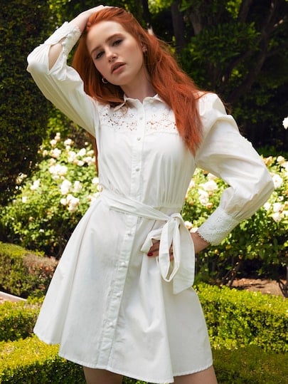 Shein x Madelaine Guipure Lace Insert Self Belted Shirt Dress