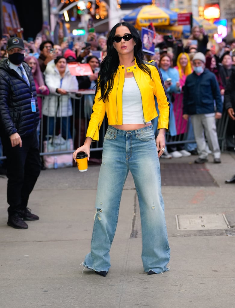 Katy Perry's Low-Rise Jeans and Yellow Moto Jacket in NYC