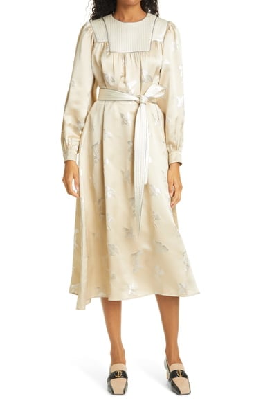 Tory Burch Floral Metallic Jacquard Long Sleeve Silk Dress