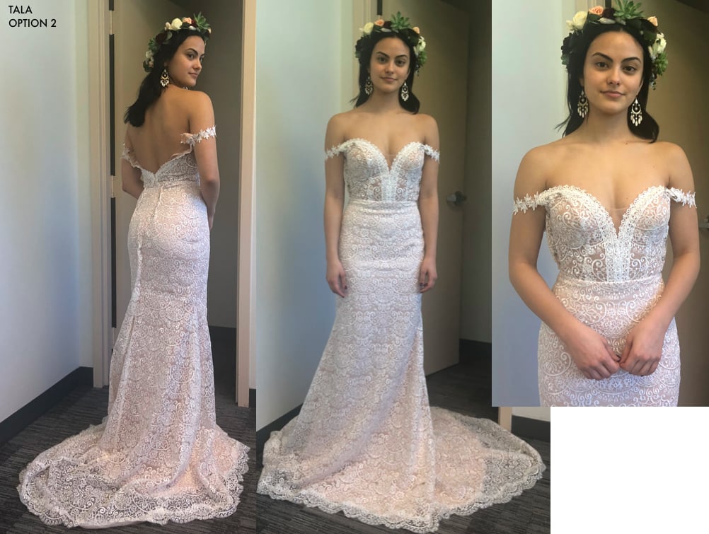 PS: What memories stand out from filming the dress and the look?
  CW: We shot the wedding over five days with only one dress and two real floral crowns. Camila was such a trooper wearing that dress for 12 hours, in the cold and dusty desert nights. She even had two personal amazing costumers that were tasked with keeping her warm, picking up her train when she walked, giving her comfortable shoes in between shots, and making sure the gown stayed pristine at all costs. Before shooting for the night, we would detail the flowers in the crown, taking out the wilted buds and replacing them with fresh ones of similar shape and color so we would maintain the freshness in continuity. Needless to say, our costumers did a fantastic job, and Camila looked like a complete dream on camera.
  PS: Do you have any other famous bridal moments in movies you took inspiration from?
  CW: I don't know . . . Have you ever seen Beetlejuice? I'm just kidding.