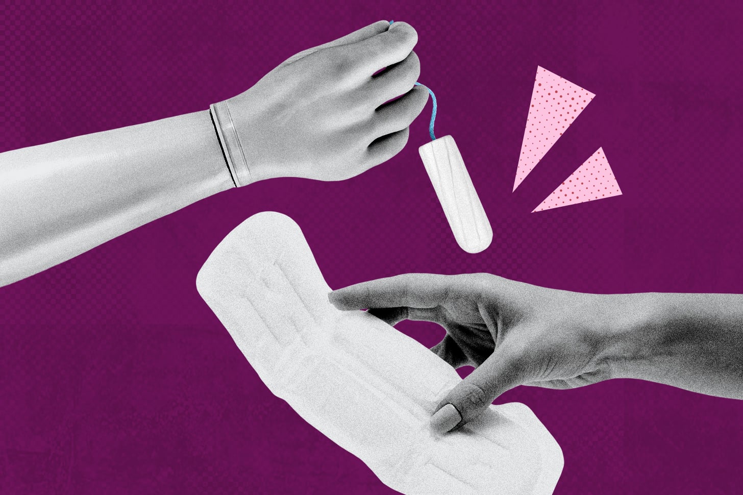Two arms holding period products, a tampon and a pad, in front of a purple backdrop.