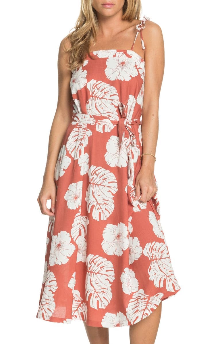 Roxy Nowhere to Hide Tie Shoulder Floral Print Midi Dress