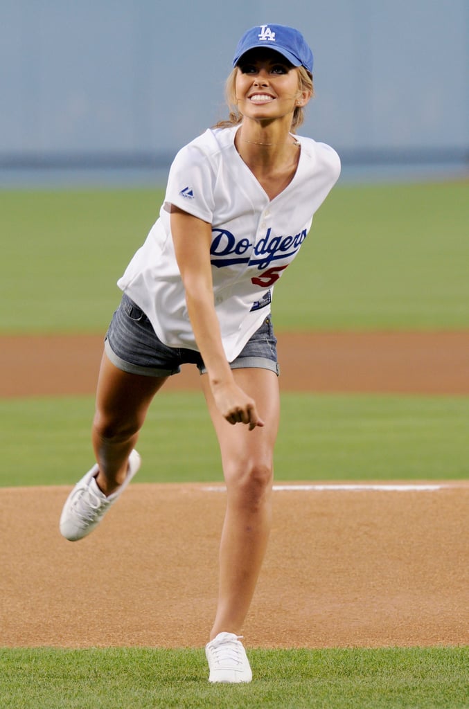 Audrina Patridge showed off her baseball skills to throw the first pitch at the LA Dodgers game in August 2009.