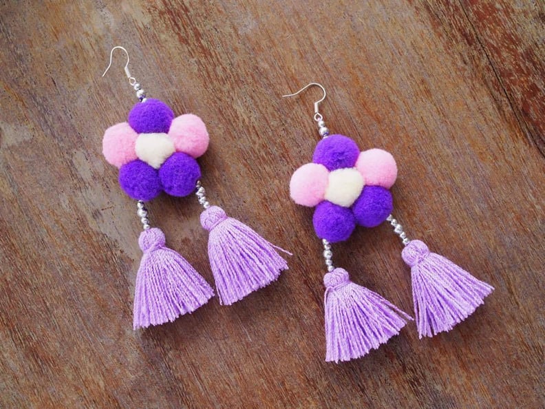 Purple Tassel and Pom-Pom Earrings