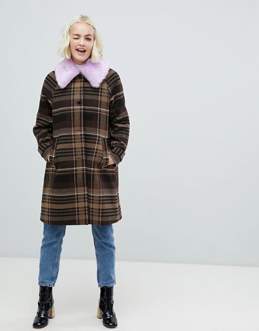 Monki Check Coat With Faux Fur Collar in Brown