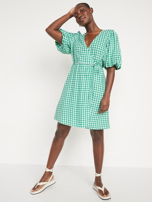 Old Navy Puffy Sleeves with Waist Puffs Gingham Mini Wrap Dress