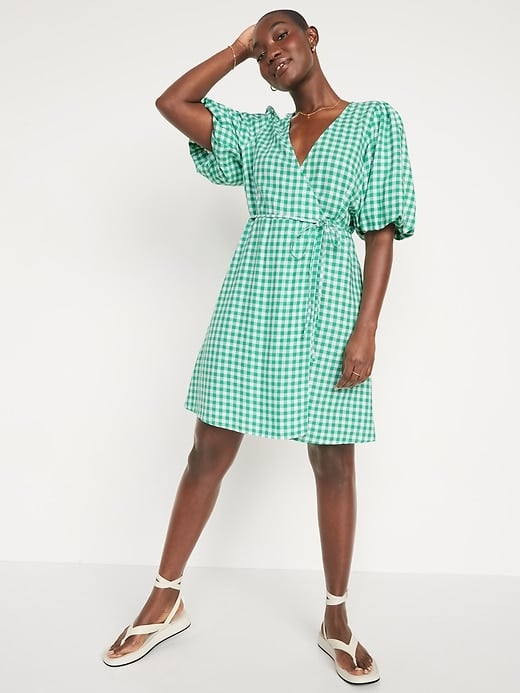 Old Navy Waist-Defined Puff-Sleeve Gingham Mini Wrap Dress