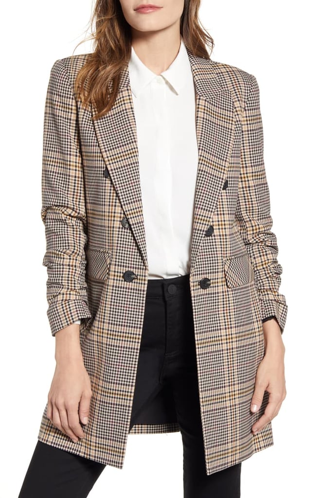 1.STATE Ruched Sleeve Plaid Blazer