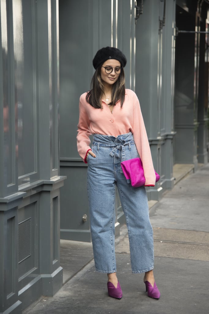 Go chic in a extra high-waisted belted pair with tucked in coral knitwear plus a bright bag and shoes.